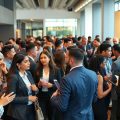 Profesioniști diversificați interacționând la un eveniment de networking.