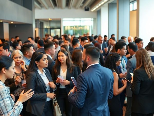 Profesioniști diversificați interacționând la un eveniment de networking.
