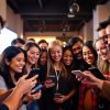 Oameni zâmbitori, interacțiune, smartphone-uri, comunitate unită.