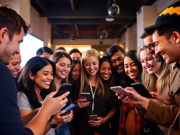 Oameni zâmbitori, interacțiune, smartphone-uri, comunitate unită.